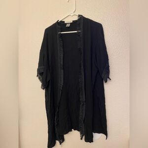 Treasure & Bond black boho fringe trim beachy coastal kimono swim coverup top OS